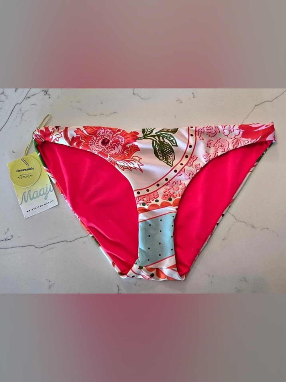 Maaji Scoop Floral Bikini Swim Top Pink & White Reversible Womens Size Large NWT